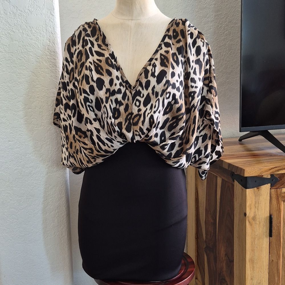 Cameo Made In The USA, Dress, Leopard Print Doman top and black Stretchy bottom